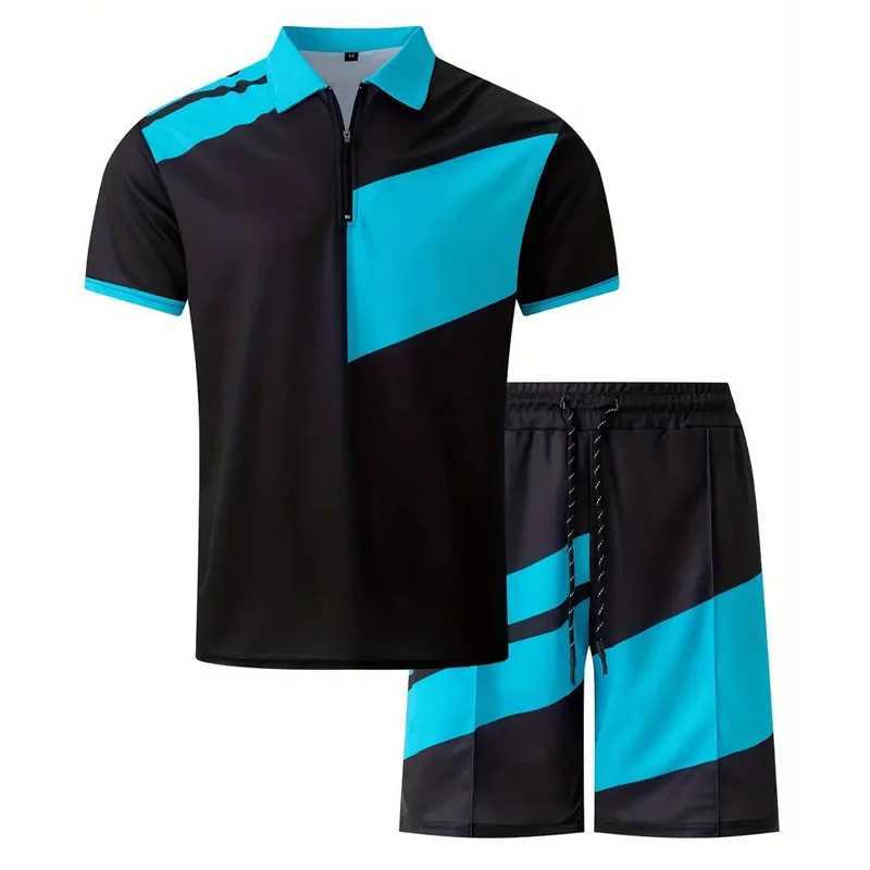 Mens fashion casual light luxury POLO shirt set summer lapel short-sleeved Half zipper sports trend slim-fit mens T-shirt W250609