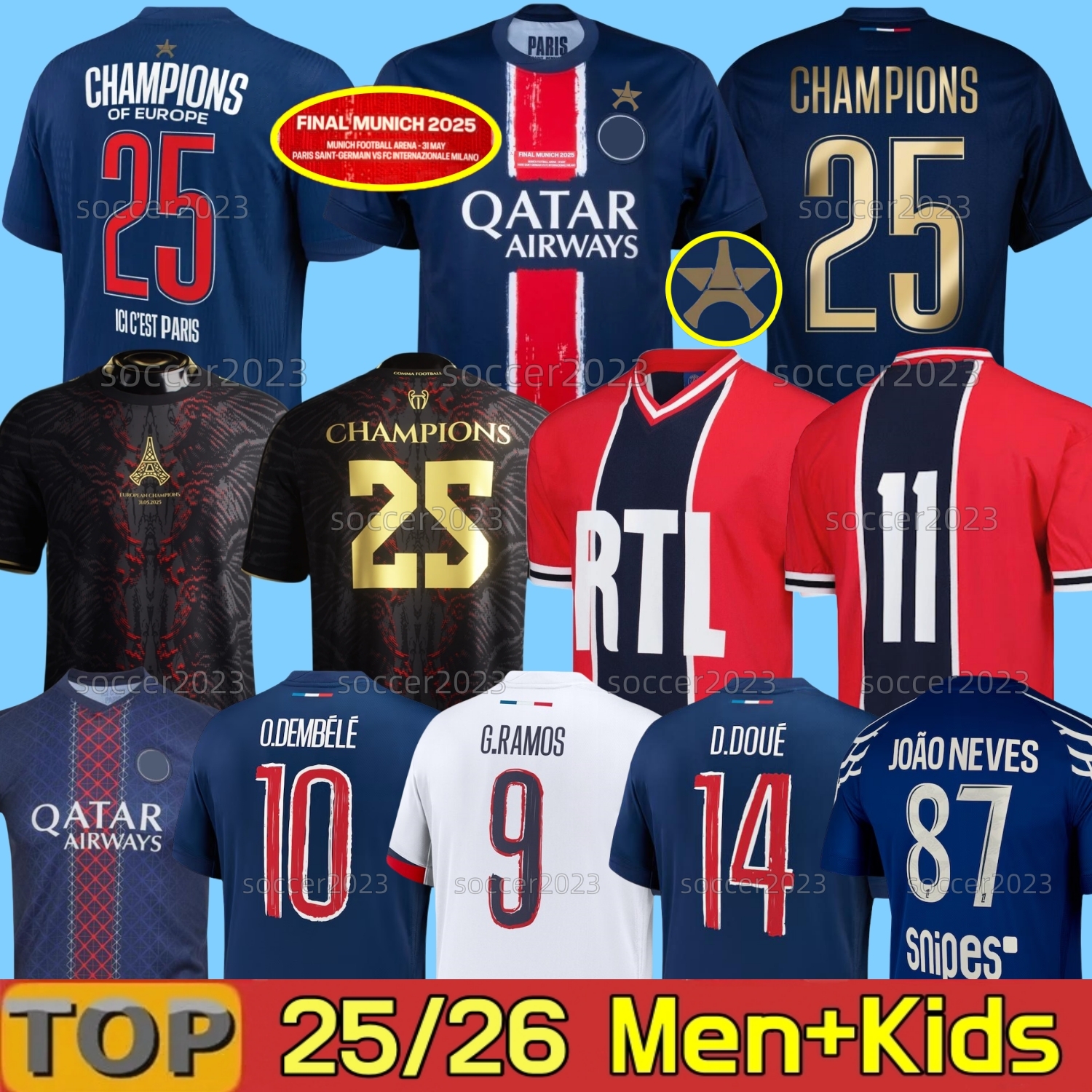 24 25 26 O.DEMBELE D.DOUE PSGES soccer jerseys HAKIMI KVARATSKHELIA JOAO NEVES BARCOLA 2024 Final hommes enfants Gk champion football shirts men kids maillot de foot