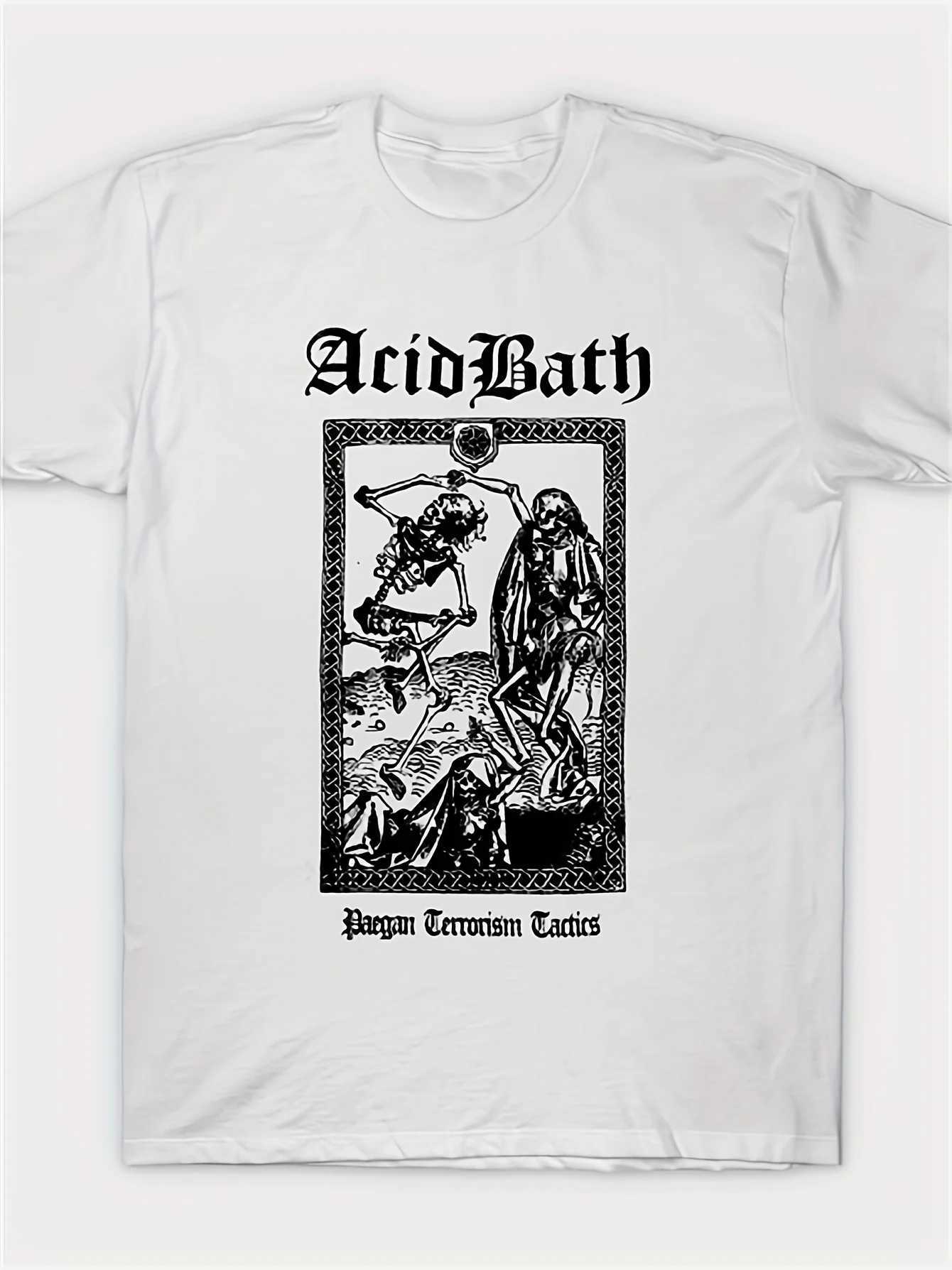 Mens Acid Bath Band Graphic T-Shirt Pure Cotton White with Black Gothic Print Casual Short Sleeve Tee for Birthday Parties W250607