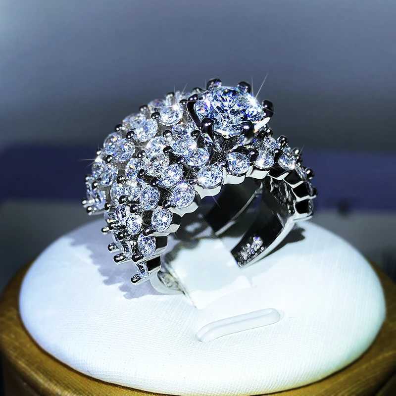 Best Selling New Gypsophila Micro-Inlaid White Zircon Ring 925 Sterling Silver European And American Exaggerated Banquet Party XJ250606
