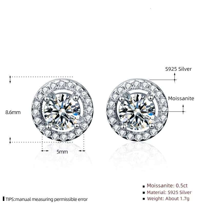 18K White Gold 0.5ct 5mm D-E-F Color Created Moissanite Stud Earring S925 Sterling Silver Push Back Jackets Elegant Earrings