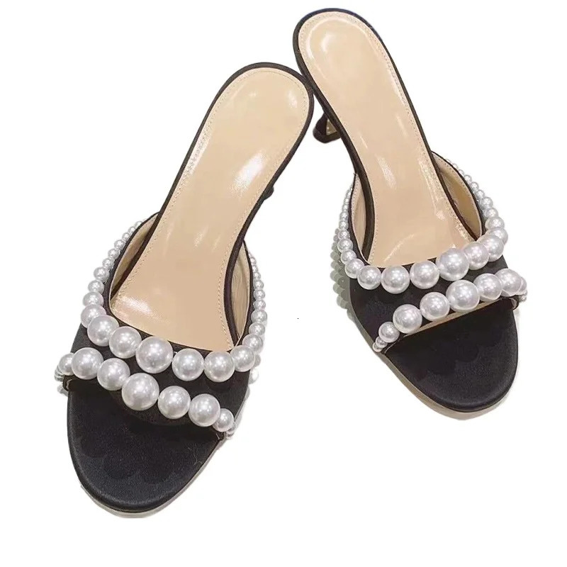 French Pearl Slippers Womens Summer Black Versatile Open-toe Round Toe Strap Stiletto Sandals 250603