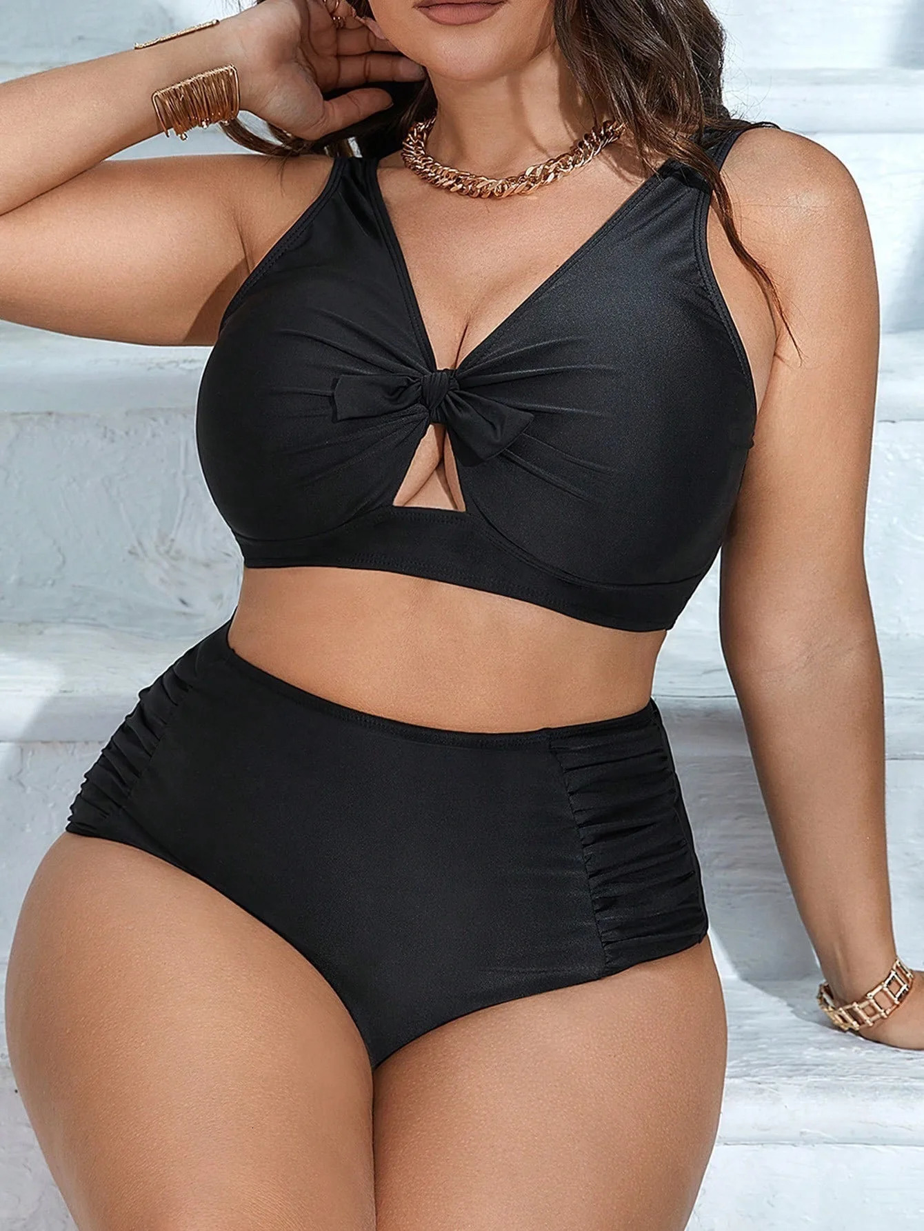 Large Size Split Swimsuit Womens Sexy Black Gathering Bikini High Waist Slimming Summer Elegantes Casual Y2k 250603