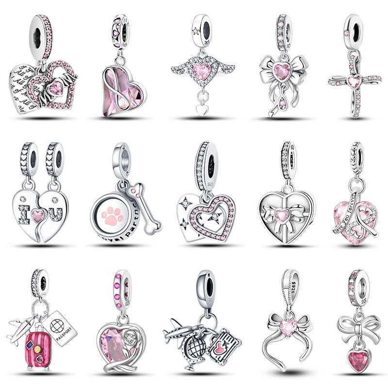 Fashion 925 Silver Color Trunk Heart She Bow Pink Charms Beads Fit Pandach 925 Original Bracelets Fine DIY Birthday Jewelry XJ250607