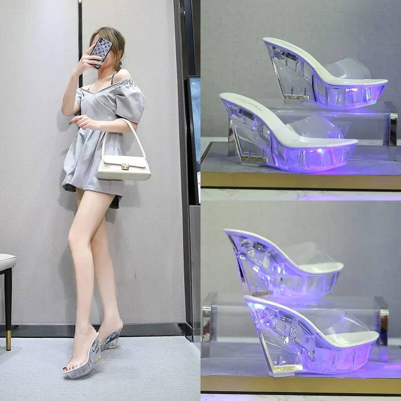 Ddmyoutdoor Ladies Trend CM Wedge High Heels Nightclub Luminous Sandals Transparent Sole Catwalk Pole Dance Shoes Women LED Light Slippers Beach outdo