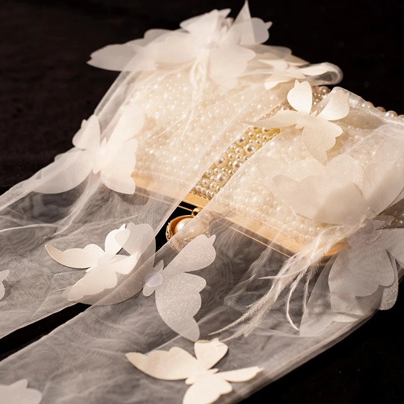 Stock Princes Wedding Gloves Full Finger Butterfly Feather Elbow Length Bridal Acccessory guantes largos mujer 250603