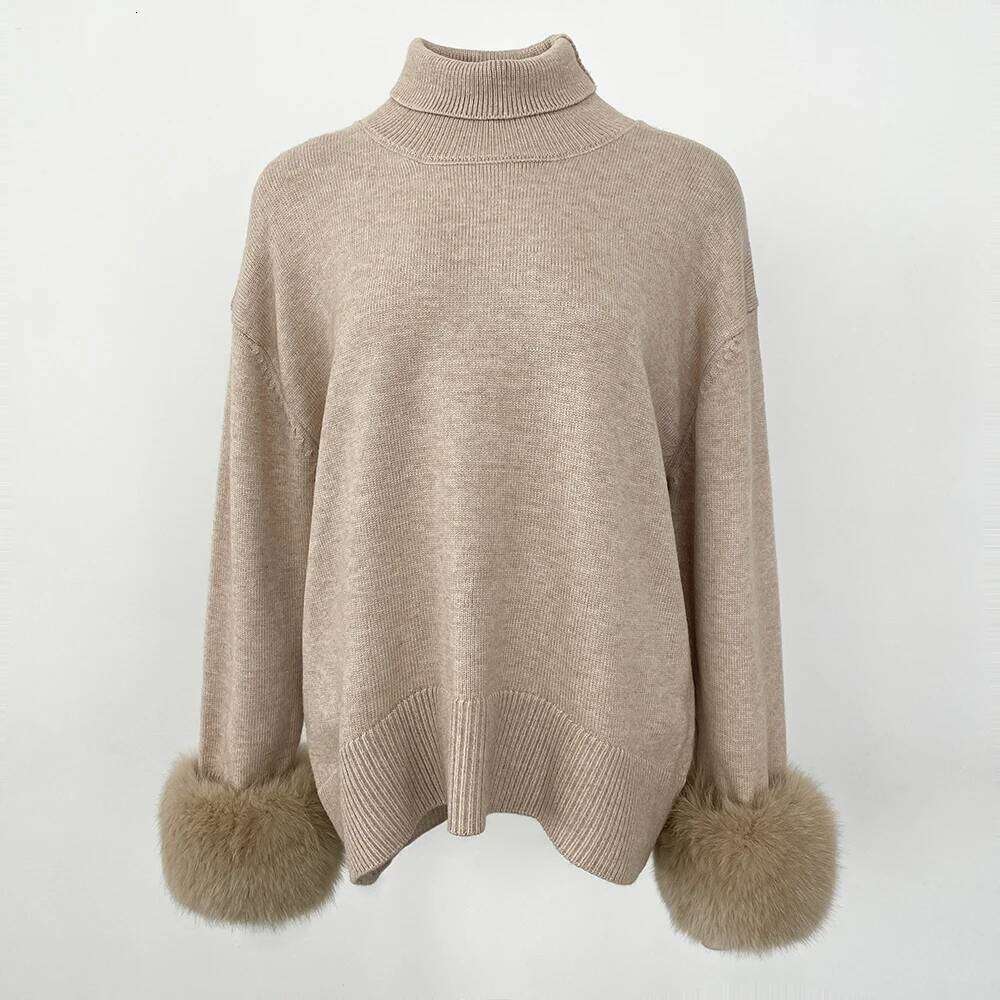 New Autumn Winter Standup Collar Cuff Spliced Natural Fox Sleeves Women Loose Knitted Genuine Real Fur Sweater
