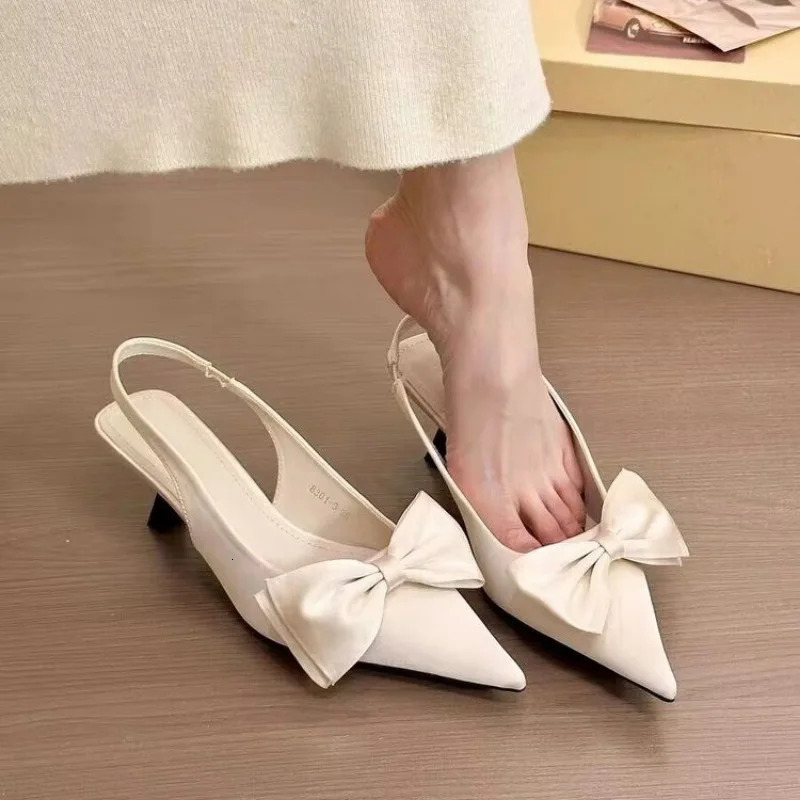 Elegant High Heels Womens Shoes Summer Black Shallow Mouth Pointed Toe Bow Slingbacks Party Office Lady Sandals 250605