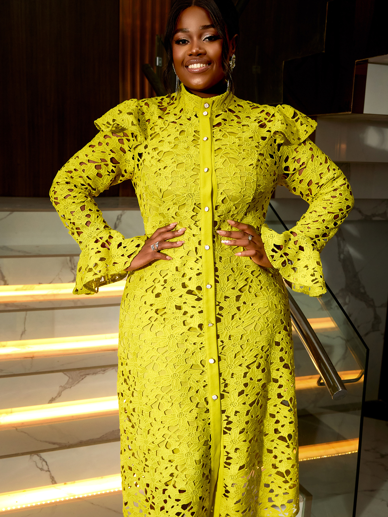 Elegant Women Plus Size Yellow Green Two Piece Sets Cutout Lace Straight Dress Full Trumpet Sleeve Stand Collar Midi Length Daily Wear AM040851SET