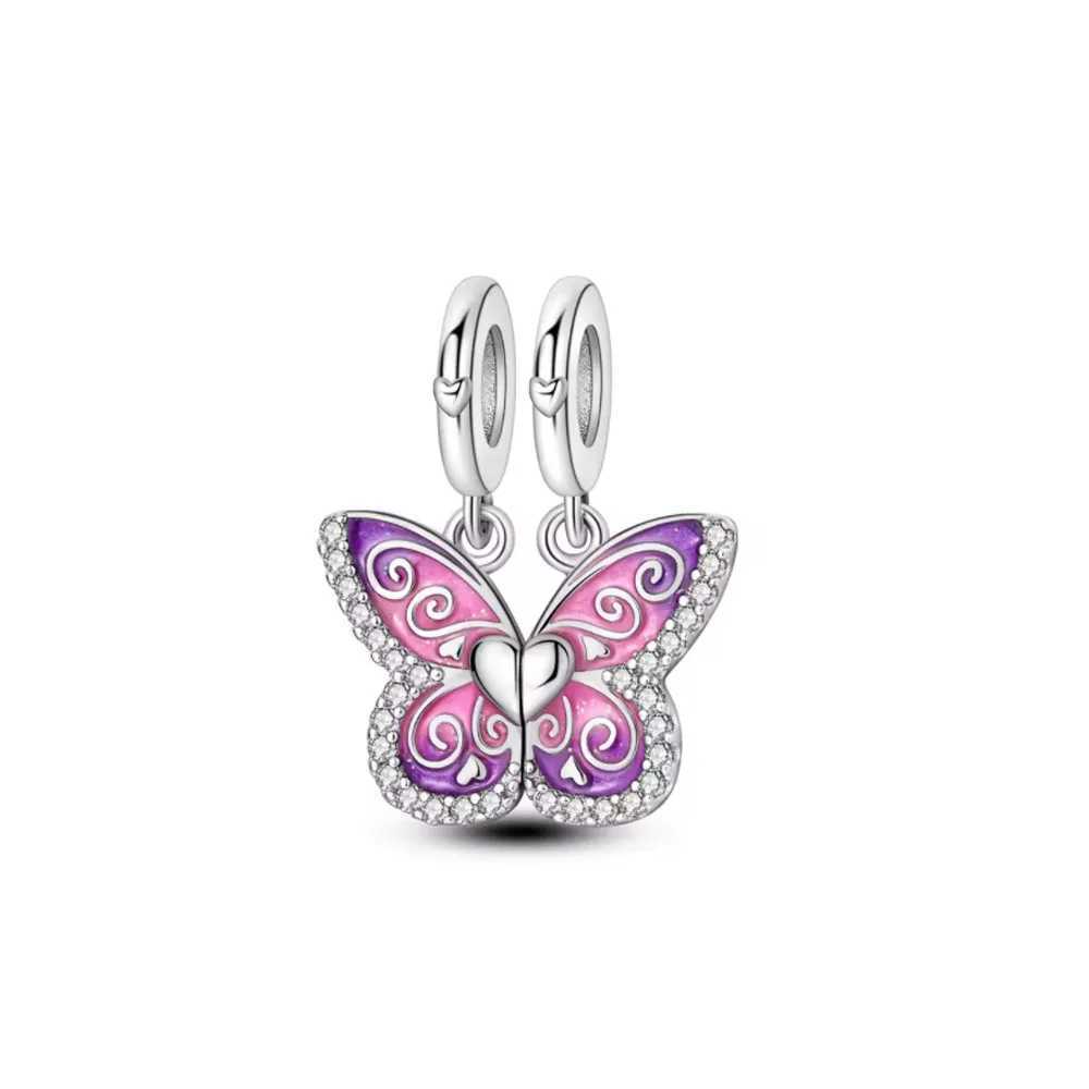 Blue Pink Butterfly Charms Clamp Beads safety chain 925 Silver Pendant Fit Original Bracelet Women DIY Accories Jewelry GiftXJ250607