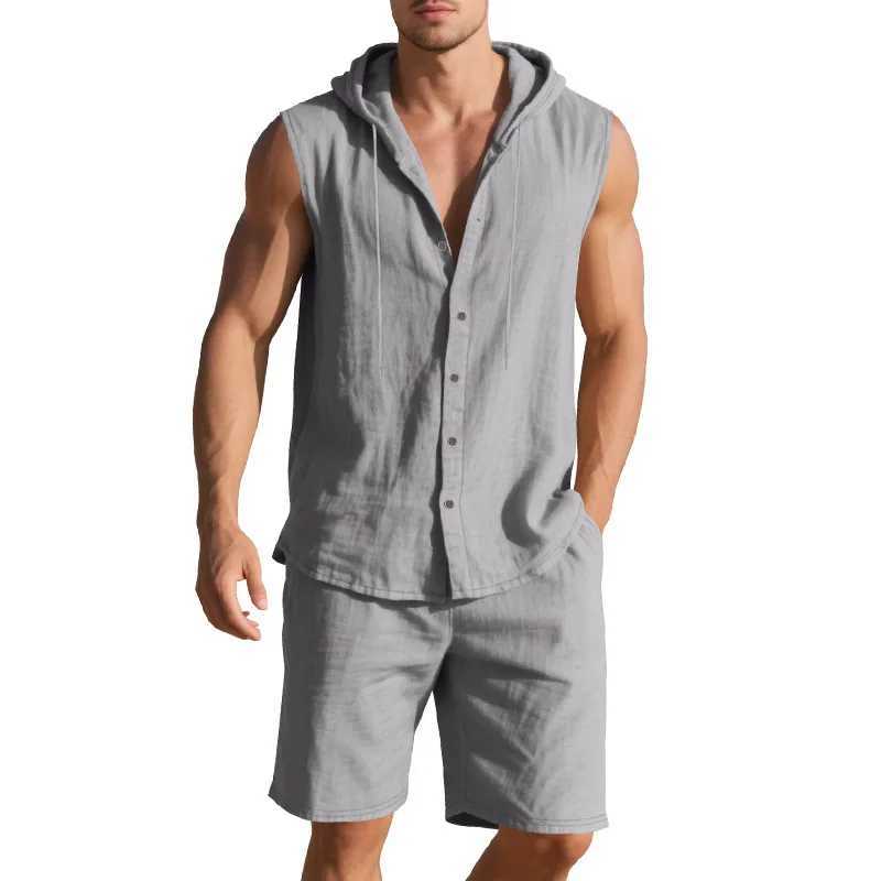 2025 Summer European and American Men Leisure Set Loose Linen Leisure Simple Hooded Sleeveless Shirt Shorts Two-Piece Suit W250609