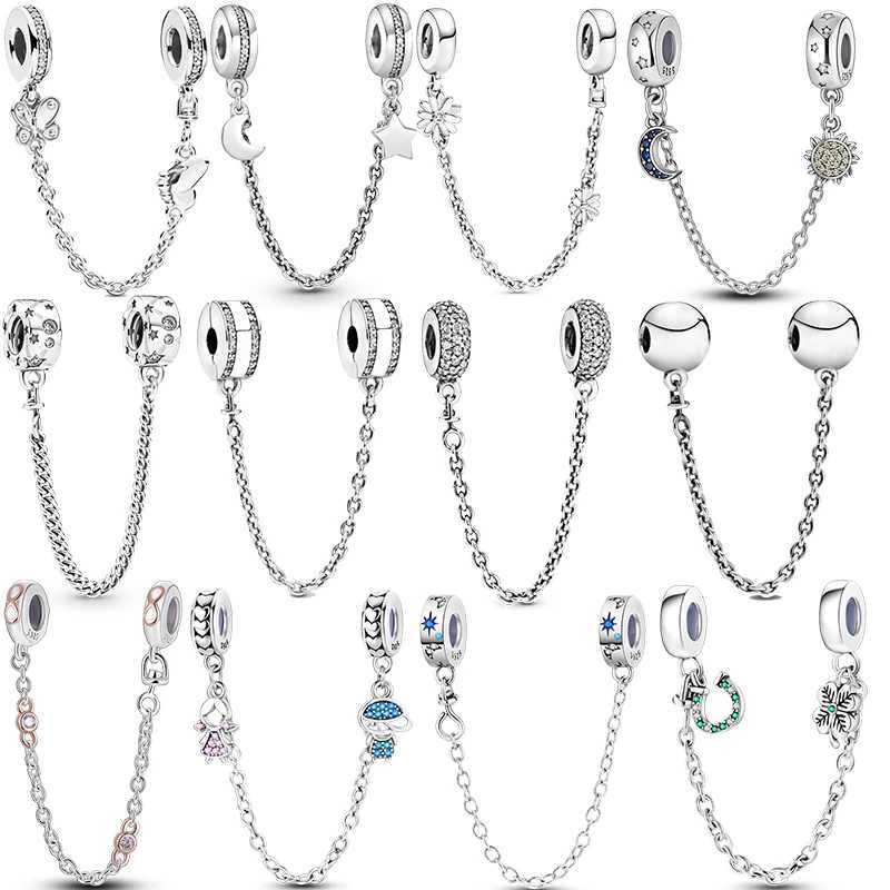 Real 925 Sterling Silver Stars Moon Sunflower Safety Chains Spacer Beads Charms Fit 925 Original Bracelets DIY JewelryXJ250607