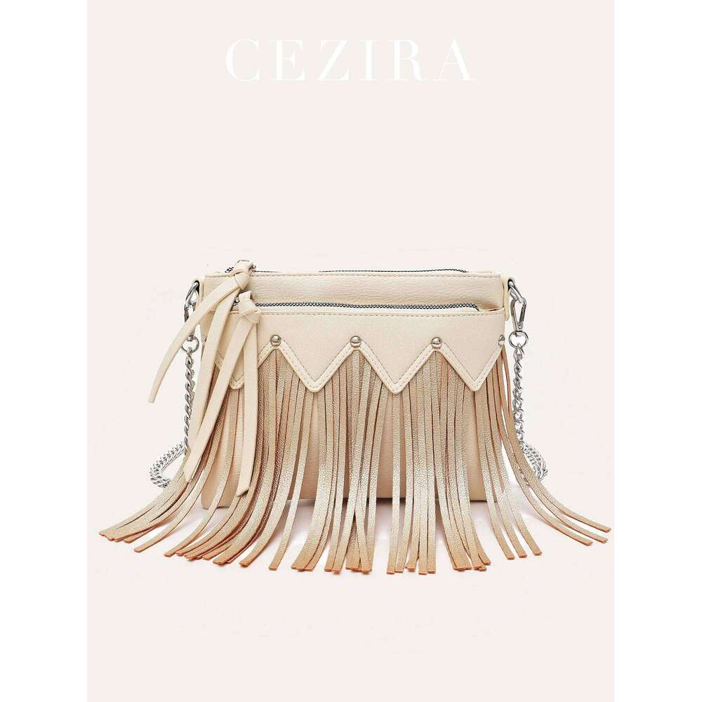CEZIRA Fashion Chic Metallic PU Leather Contrast Color Tassel Handbag For Women Fringe Studded Chain Cross Body Bag Boho Casual