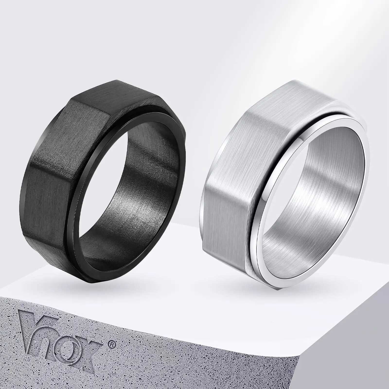 Vnox Geometric Spinner Ring 7-11 Size 7.8mm Band Width Black Silver Color Stainless Steel Jewelry Gifts for Men Boyfriend Him W250606