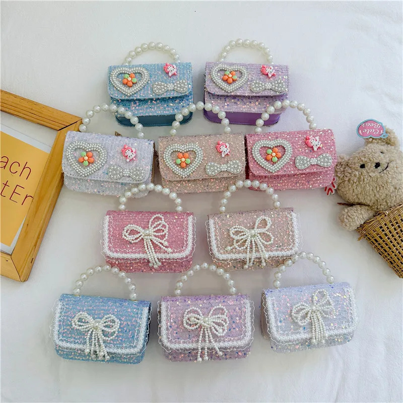 Pearl Beaded Childrens Small Square Shoulder Bag Sweet Bow Sequin Girls Messenger Bags Lovely Princess Handbags Accessories 250605