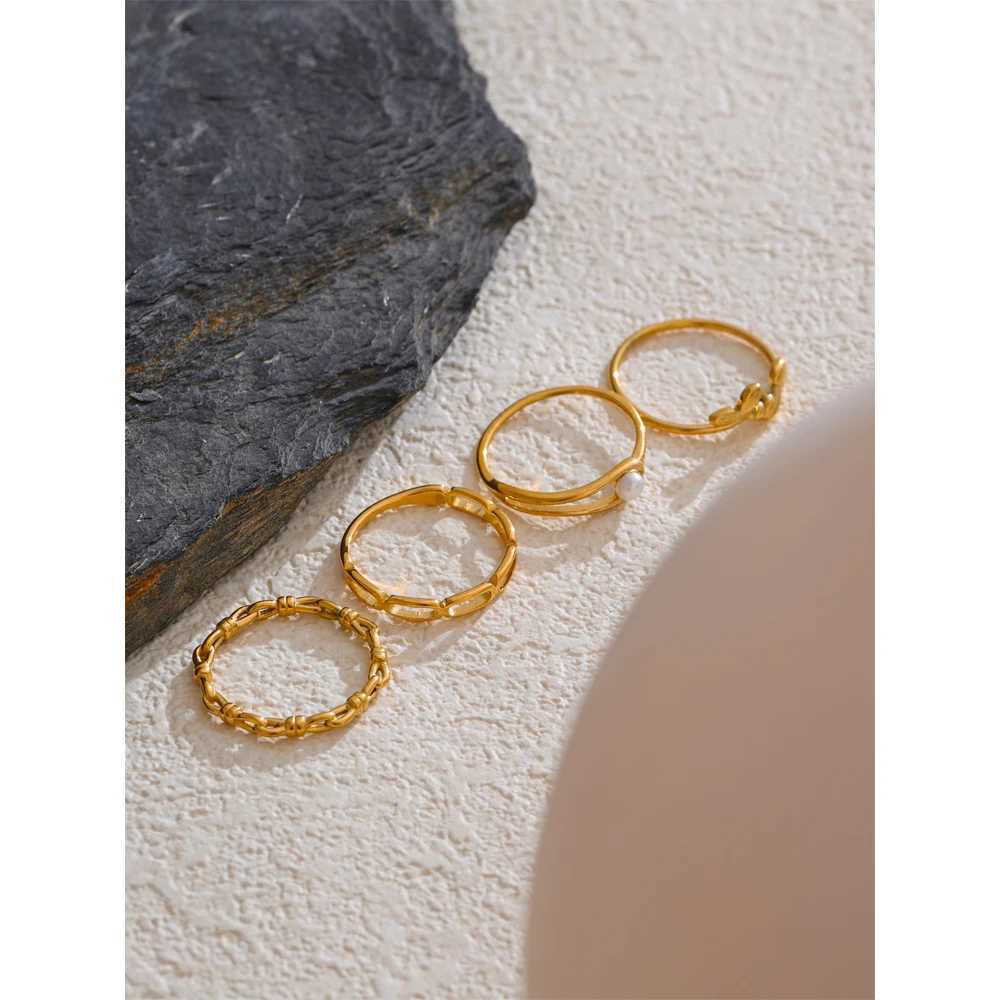 Yhpup Stainless Steel Natural Pearl Chain Geometric Stackable Thin Ring 18K Gold Color Minimalist Finger Jewelry Wholesale Gift W250606
