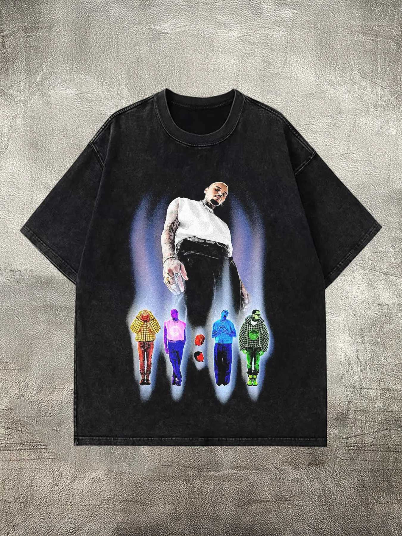 230g cotton mens washed black T-shirt with a graphic of a person and colorful little figures stylish and unique X250607