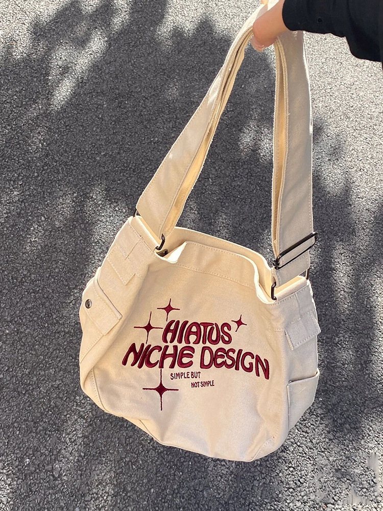 designer Japanese Style Canvas Bag for Female College Students, Ins Lazy Style, Large Capacity, Single Shoulder Crossbody, Niche Embroidered Tote Bag
