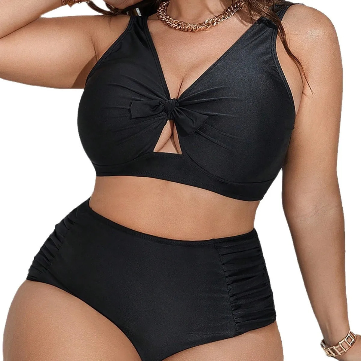Large Size Split Swimsuit Womens Sexy Black Gathering Bikini High Waist Slimming Summer Elegantes Casual Y2k 250603