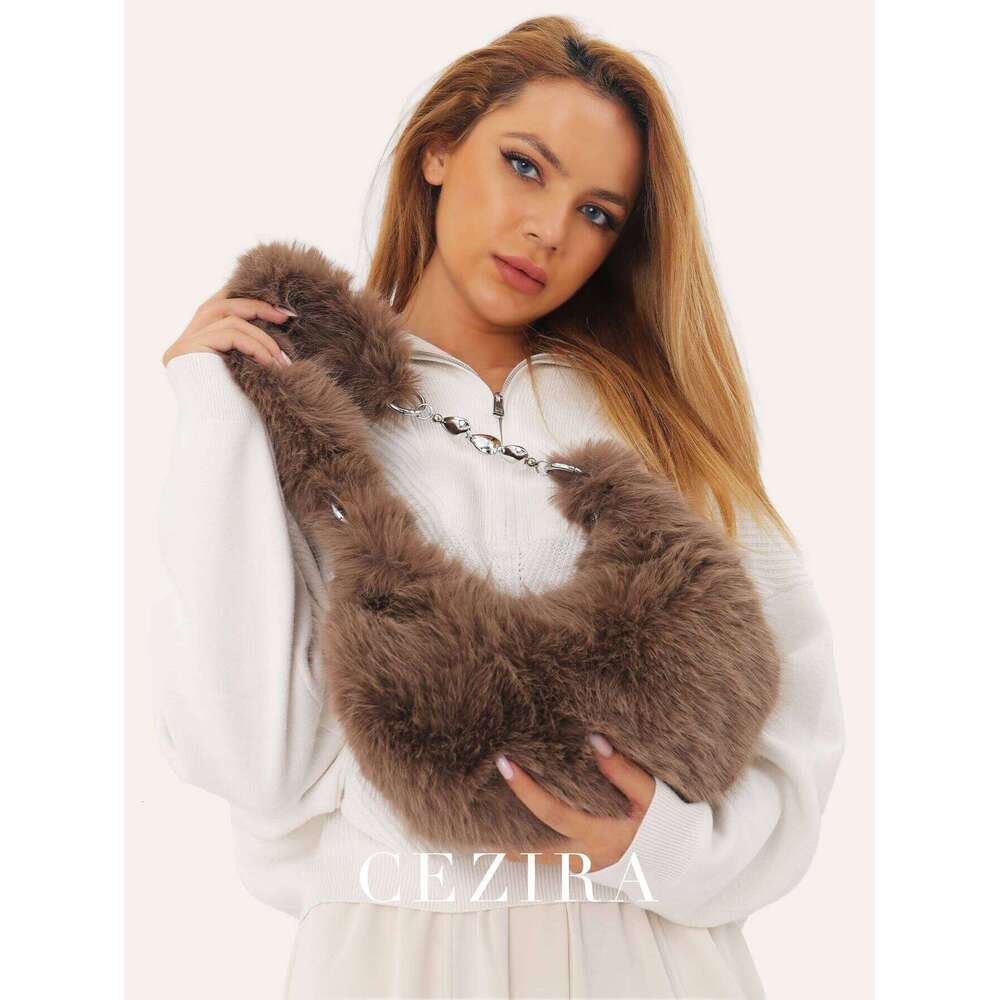 CEZIRA Plush Soft Faux Fur Hobo Women Funky Cute Heart-Shaped Chain Zipper Closure Shoulder Cross Body Bag Fashion Gift
