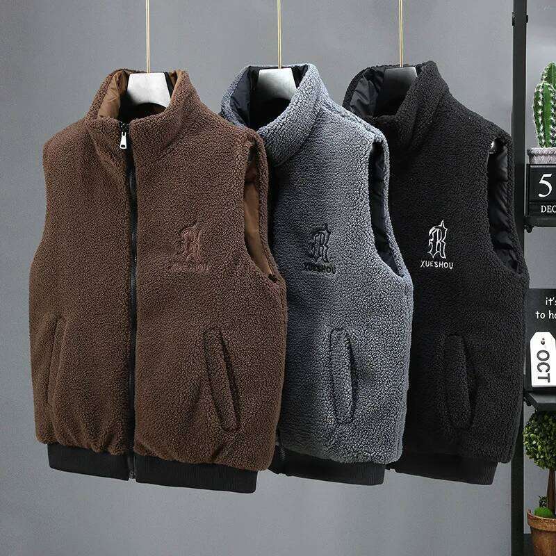Double Sided Men's Spring Vest Zip Up Layer Polar Fleece Sleeveless Jacket Male Fashion Outdoor Brown Winter Warm Casual Brushed