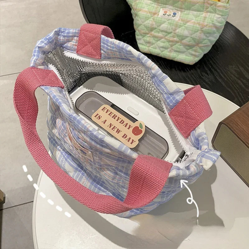 Plaid Lunch Bag Women Thermal Big Capacity Drawstring Lunch Box Tote Food Bags Office Worker Portable Insulated Food Storage Bag 250606