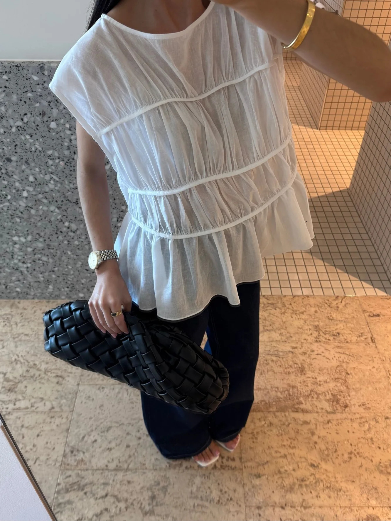 Casual Womens Trouser Suits Fold Top Sleeveless O-Neck Wide Leg Pants Solid 2025 Spring Summer Elegant 2 Pieces Set Women 250605