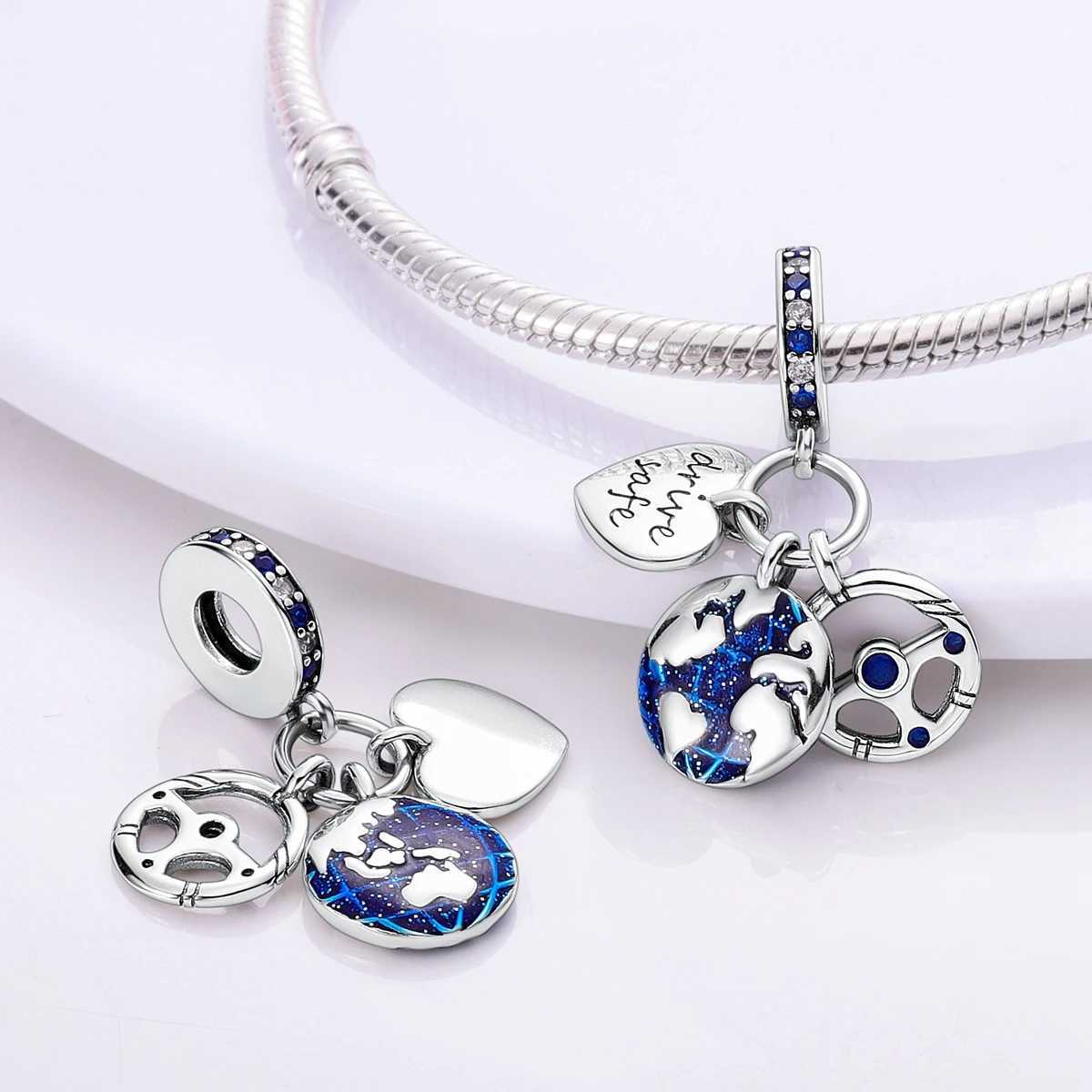 Charm 925 Silver Travel Airplane Earth Beads Pendant Fit Original Bracelet DIY Fine Jewelry Charms XJ250607