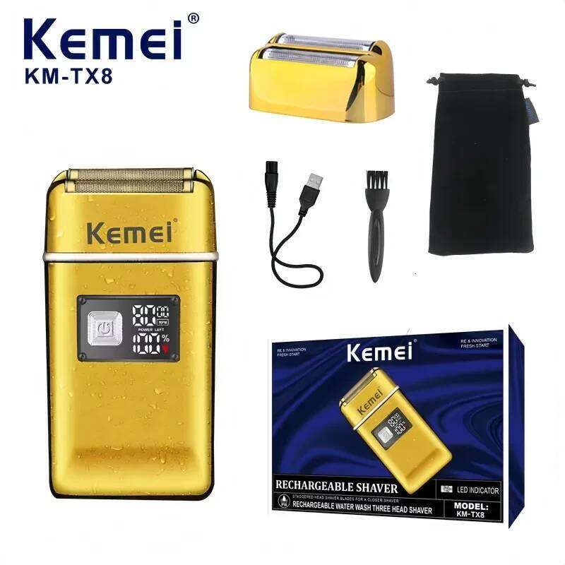 Kemei Km-Tx8 Men's Electric Shaver Metal Body, USB Fast Charging, 3D Floating Heads, LCD Display, Beard Trimmer Groomer