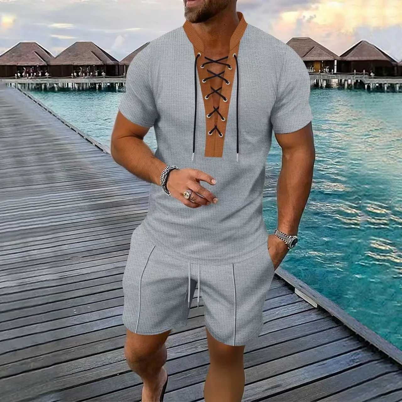 2025 Mens Summer New Casual and fashionable drawstring design T-shirt top Waffle two-piece Mens shorts set W250609