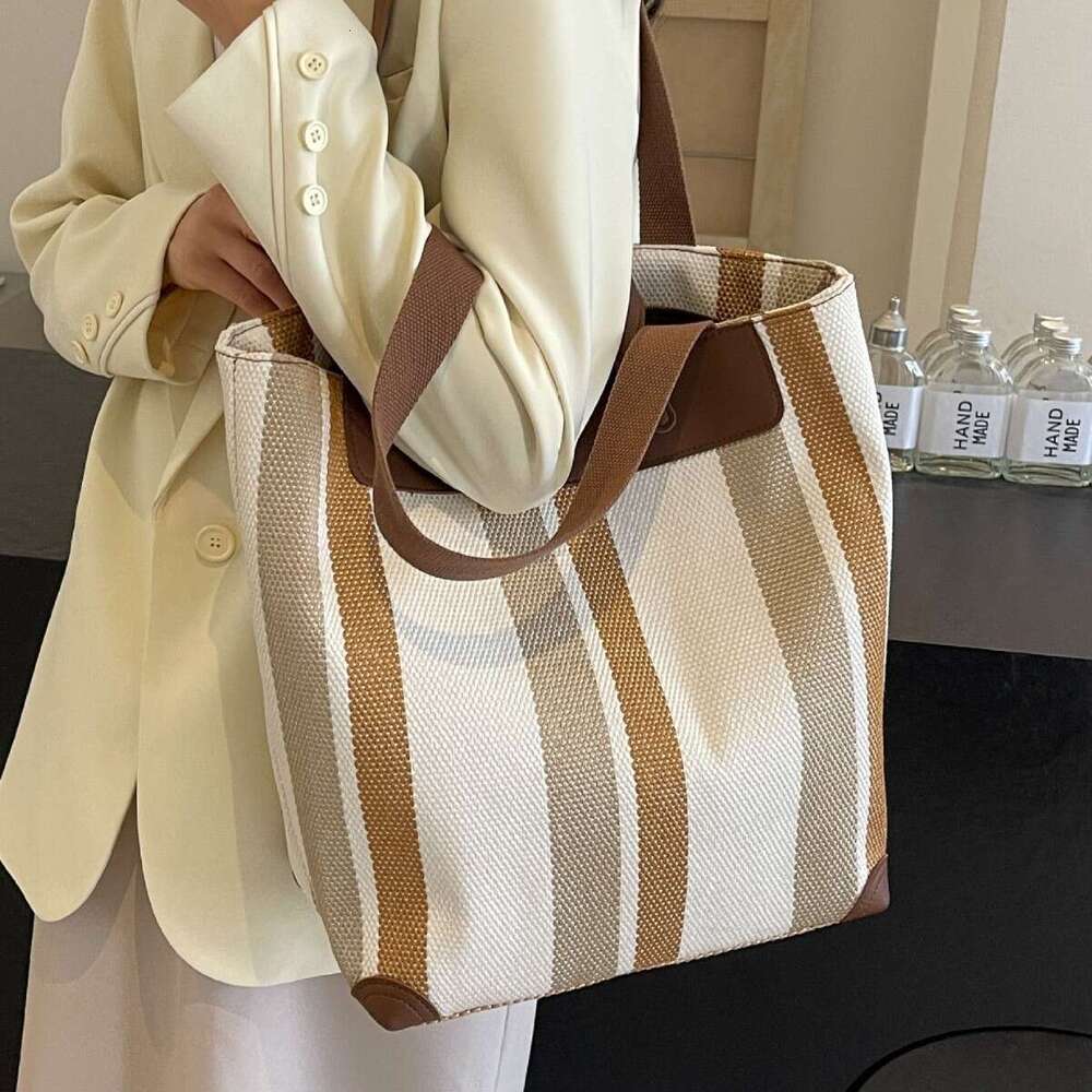 2025 Canvas New Fashion Striped Color-Block Women's Large Capacity Versatile Trendy Ladies' Casual Shoulder Bag