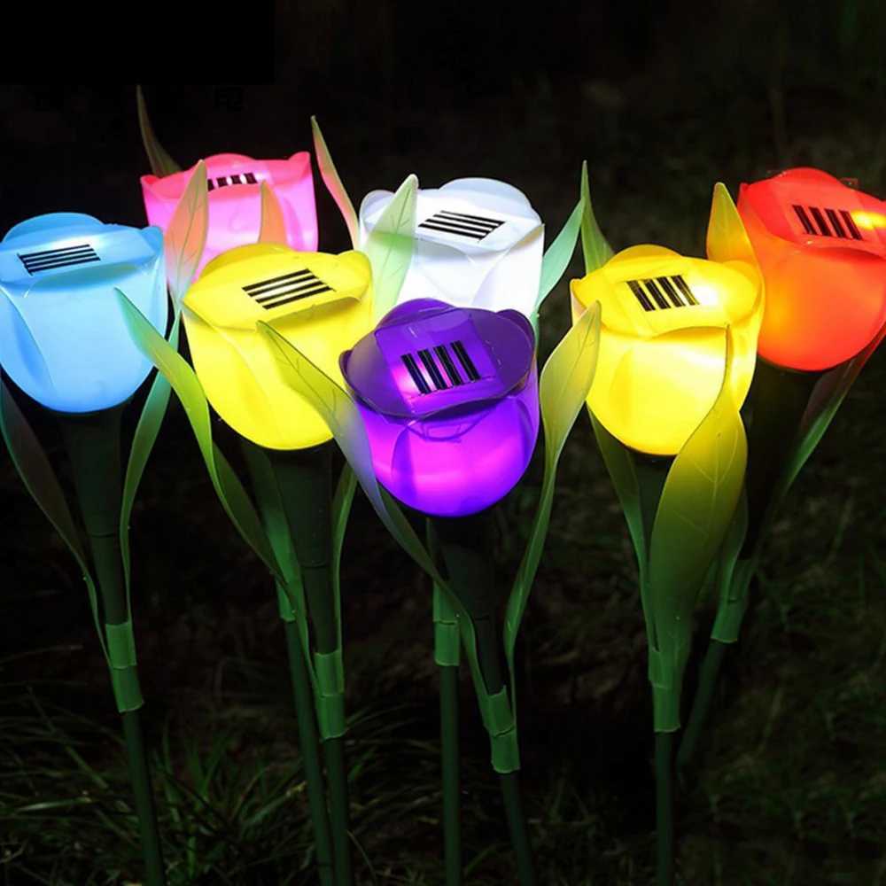 Solar Light Outdoor Solar Powered LED Tulip Flower Lights Garden Yard Path Way Color Lamp Lawn Christmas Holiday Decoration W250607