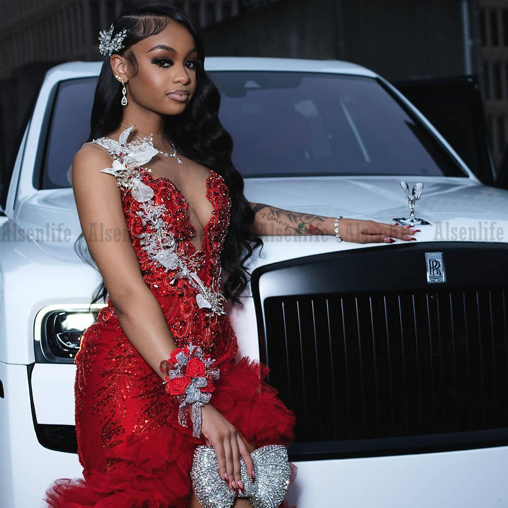 Luxury Red Mermaid Prom Dresses For Special Occasions Ruffles Birthday Party Dress Diamonds Bead Graduation Gown