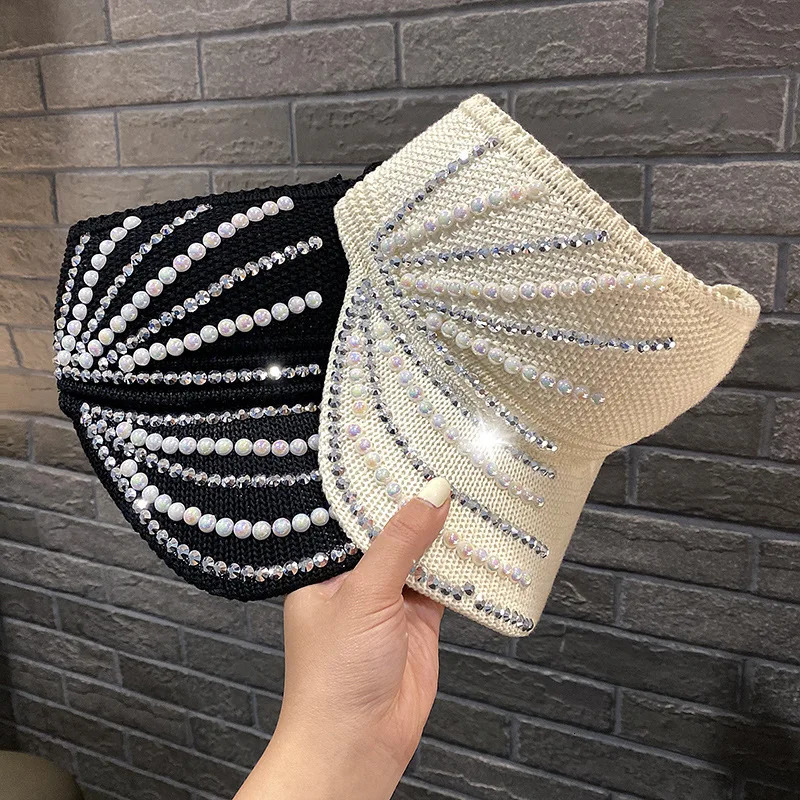 Shining Diamonds Pearls Sun Hats for Women Empty Top Visor Bling Lady Cap Casual Outdoor Sport Cap Summer Beach Sunshade Hat 250603