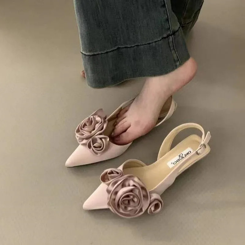 Women Sandal Fashion Flower Ladies Elegant Dress Slingback Shoes Thin Low Heel Dress Mules Pumps 250605