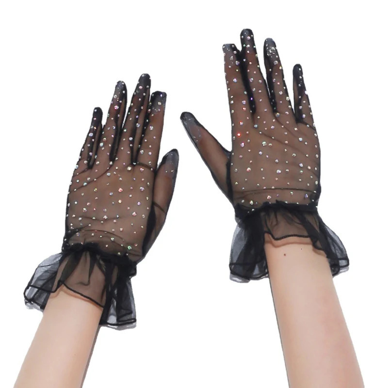 Women Sexy Transparent Shiny Pole Dancing High Stretch Gloves Stage Performance Cosplay Mesh Lolita Elegant Short Ruffle 250603