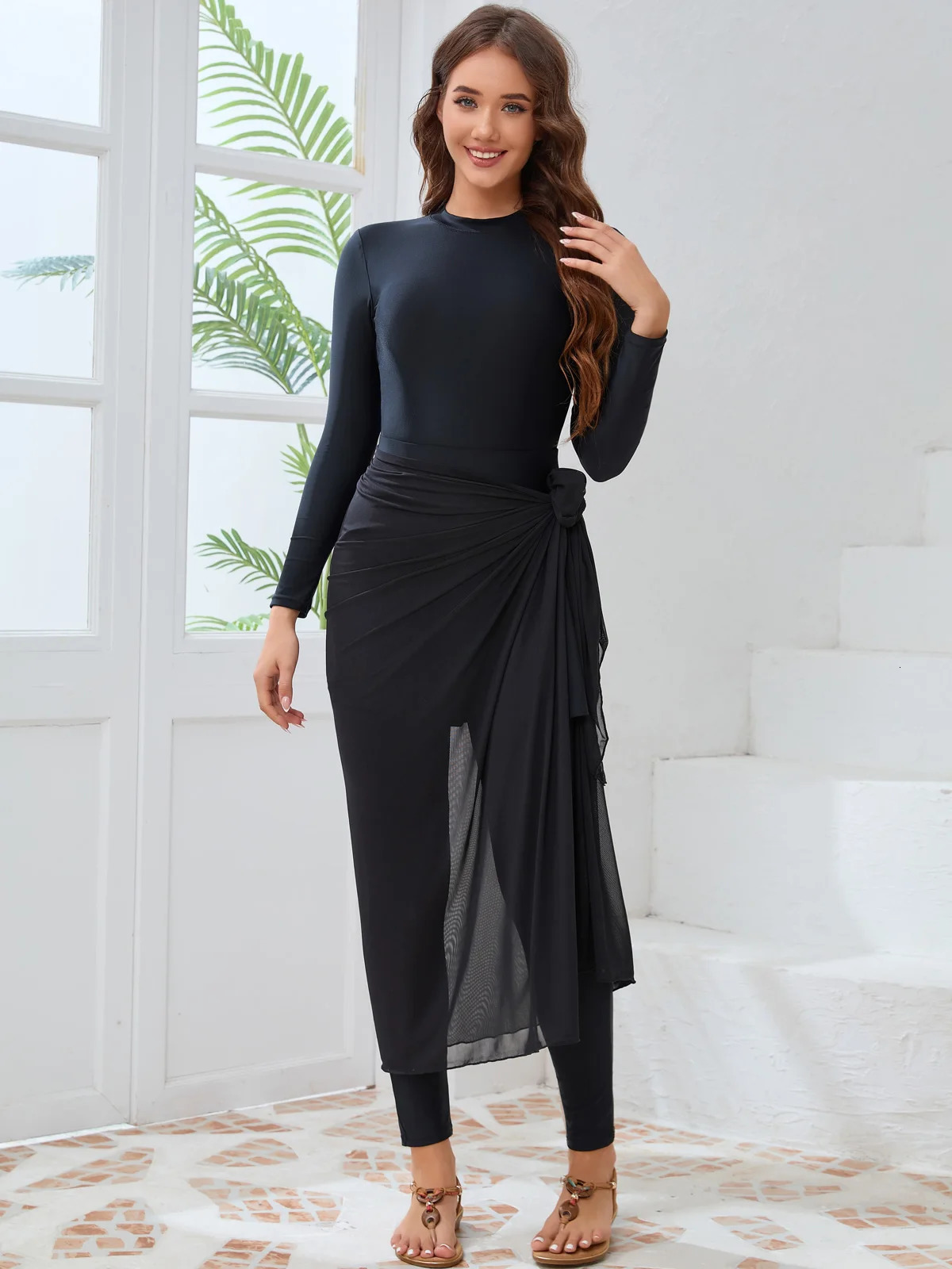 2025 4 Pcs Muslim Swimwear Womens Modest Swimsuit Burkini With Scarf Bra Pad 250605