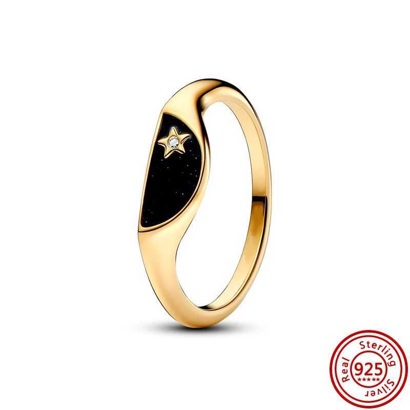 New 925 Sterling Silver Sparkling Golden Ring Love Zircon Pearl Black And White Stars Two Piece Set Charm Rings Jewelry Gift XJ250606