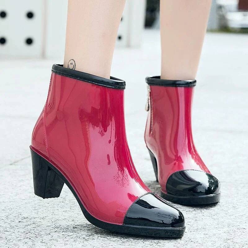 Ddmyoutdoor Rain Boots Designer Women Chunky Heels Rubber Shoes Waterproof Pvc Garden Work Galoshes Ankle Boot Rainshoes Footwear Outdoor Shoes