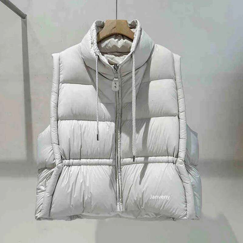 Janveny 2025 New Winter Drawstring Short White Duck Waistcoat Women Stand up Collar Loose Soft Puff Down Sleeveless Vest