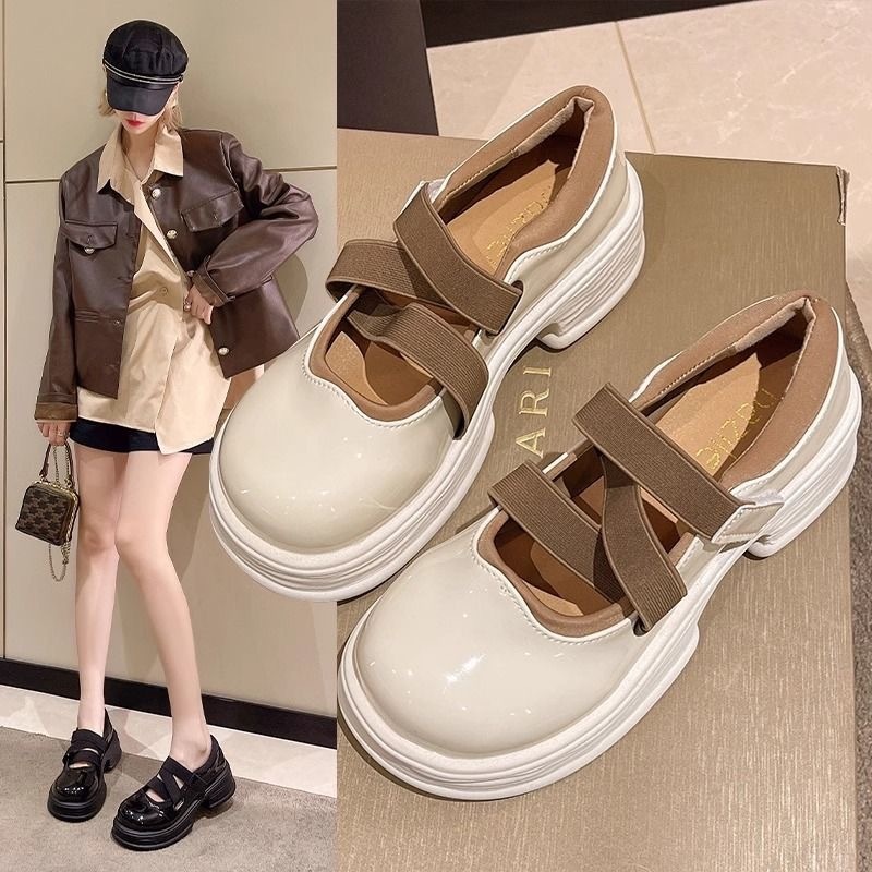 2025 free shipping fashion designer French Mary Jane small leather shoes women's sponge cake thick sole shallow mouth thick heel white