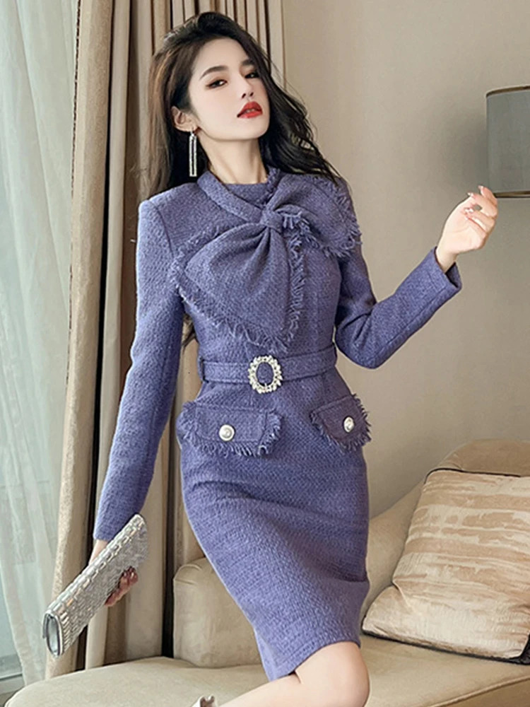 Womens Elegant Fashion Midi Dress for Woman Purple Tweed Bright Silk Tassel Belt Robe Professional Business Office Lady Vestiod 250603