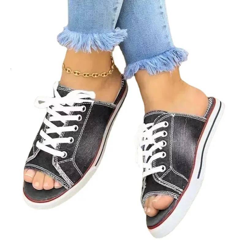 Ddmyoutdoor Ladies Slippers Canvas Lace Up Open Toed New Flat Bottom Casual Women Fashion Denim Beach Shoes outdoor shoes