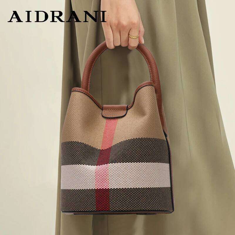 Aidrani Women's Plaid Handbag, Made Of Canvas Cowhide Material, With Caramel Colored Large Capacity And A Small Bag Inside