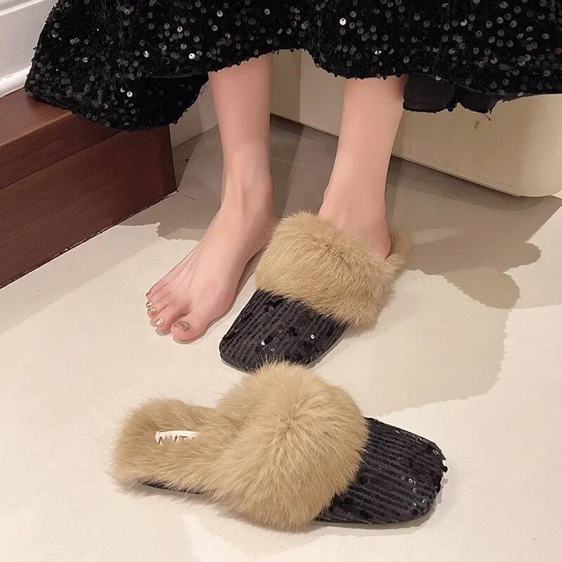 Ddmyoutdoor Plush For Women Fashion Shiny Flat Fuzzy Baotou Slippers Anti Skid Ladies Slip On Mules Indoor Outdoor Casual Shoes Beach outdoor shoes
