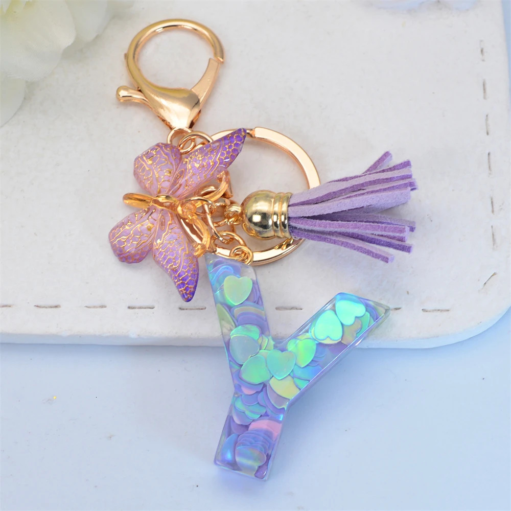 Exquisite 26 Initial Blue Shiny Resin Keychain A to Z Letter Purple Butterfly Tassel Pendant Keyring for Women Men Couple Gift 250606