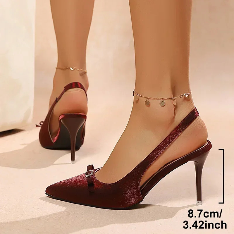 Elegant Silk High Heels Pumps for Women Autumn Bowtie Decor Thin Heeled Ladies Shoes Pointed Toe Slingbacks Party Shoes 250605