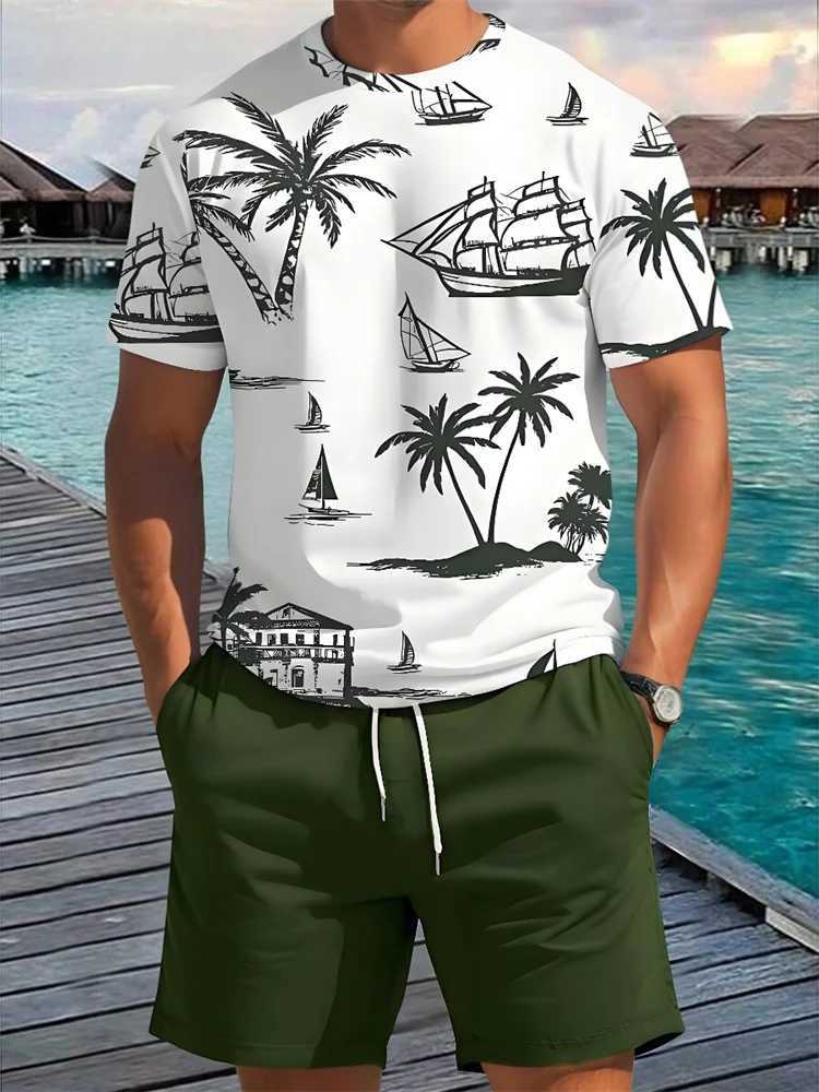 Summer 2 Piece Casual Everyday Mens Short Sleeve Shorts Set Hawaiian Printed Mens T-shirt Outdoor Sports Mens Beach Shorts W250609