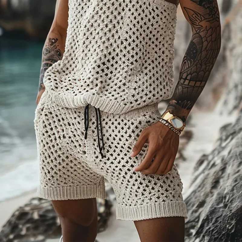 Summer Mens Clothes Casual Knit Two-piece Sets Trendy Tank Tops Shorts Hollow Out Beach Sport Suits for Men Streetwear Design W250609