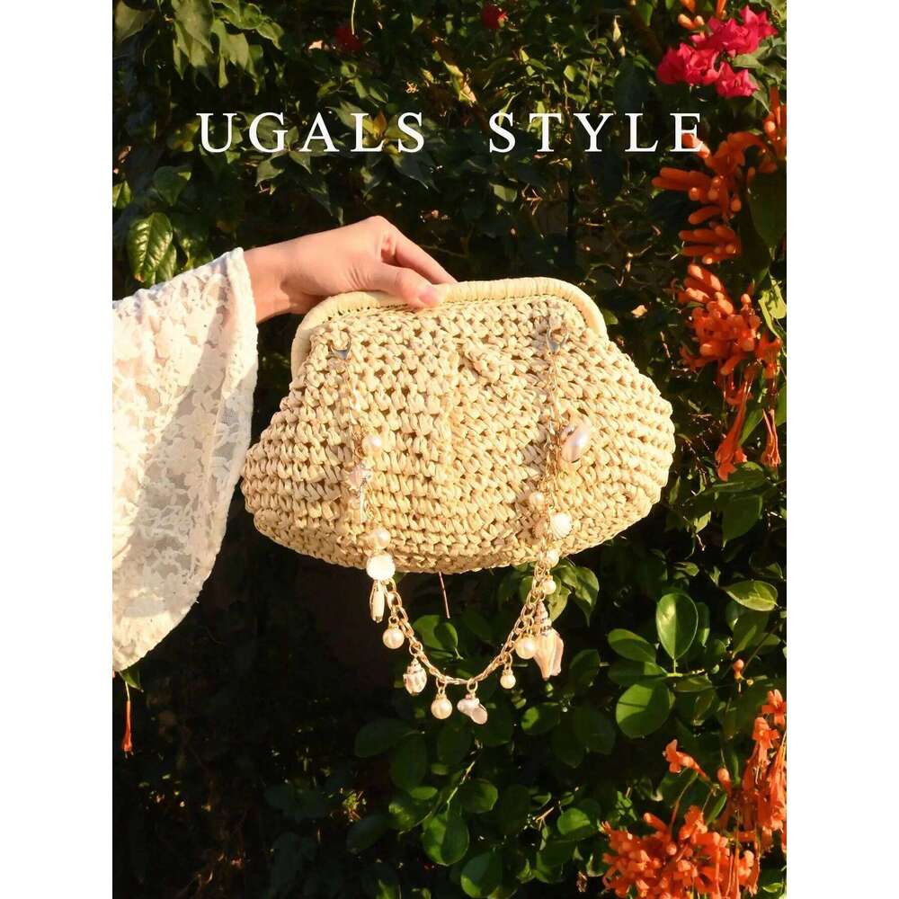 Summer Straw Woven Clutch Bag Women Pearl Chain Bow Purse Vacation Beach Party Wedding Design Evenging Handbag